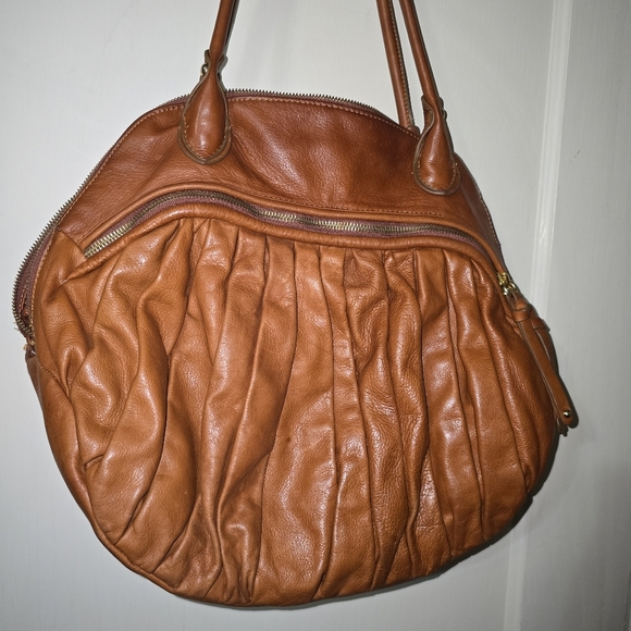 Sabina New York Brown Leather Hobo Handbag Pleated Rounded Zippers 18x13" - Picture 9 of 13